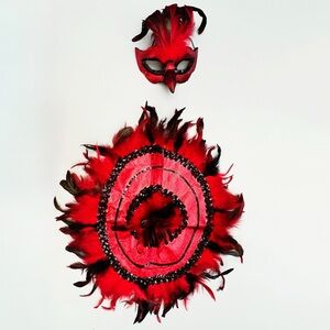 Red Black Feather Mask Masquerade Venetian Collar Halloween Costume Cosplay